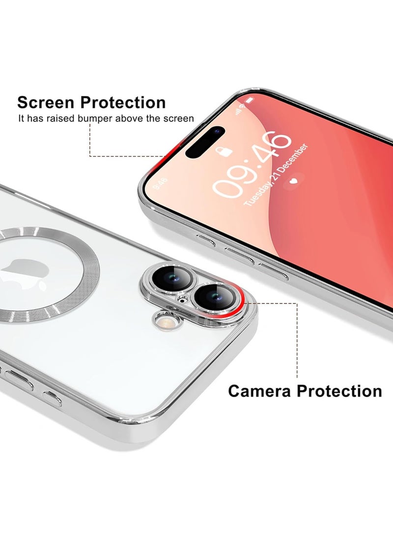 Magnetic Case Made for iPhone 16 Plus [Built-in Camera Lens Protector] [Compatible with MagSafe] Soft TPU Anti-Scratch Shockproof Protective Slim Clear Case for Women Men - Silver