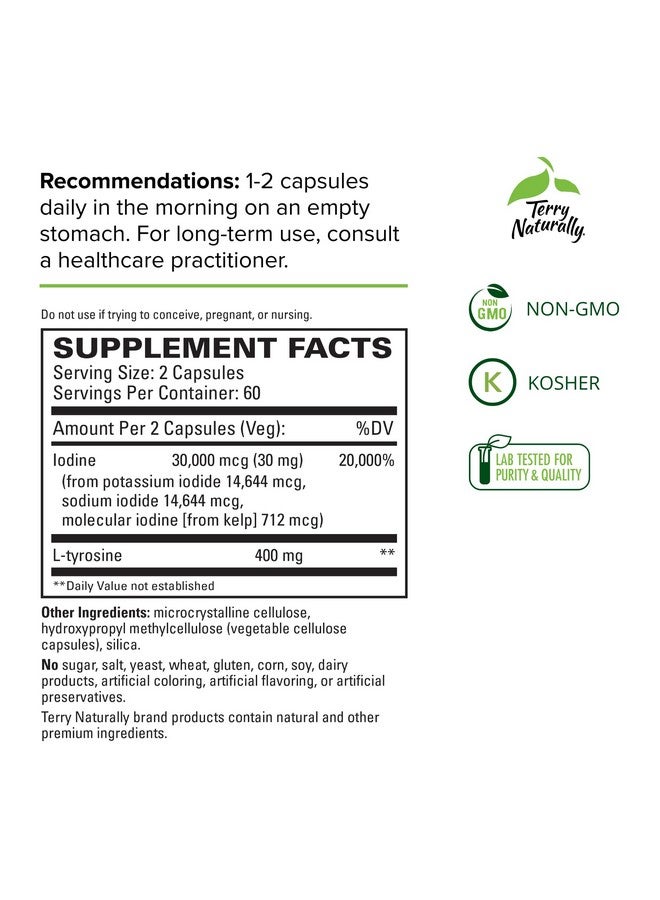 Terry Naturally Thyroid Care - 120 Capsules - Complete Metabolic Function - with Iodine + L-Tyrosine - Non-GMO, Gluten Free, Kosher - 60 Servings - Image 2