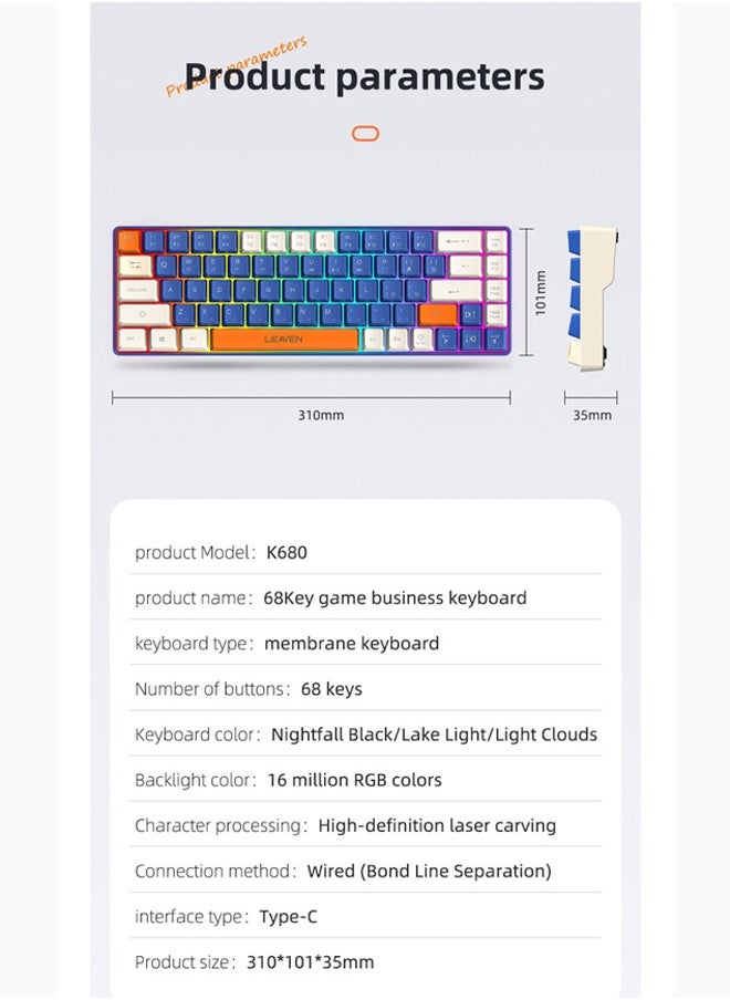 LEAVEN - 68 Keys RGB Gaming Keyboard Wired Waterproof and Three-color Keycaps for Gamers(Blue,white and orange) - Image 1