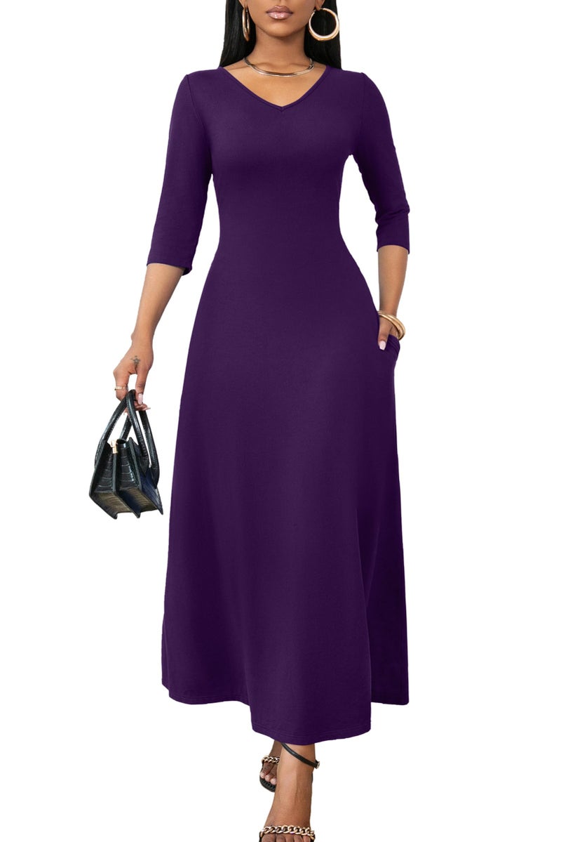 FANDEE Maxi Dress for Women Long Sleeve V Neck Casual Loose Long T Shirt Dresses with Pockets Purple, Large - Image 2