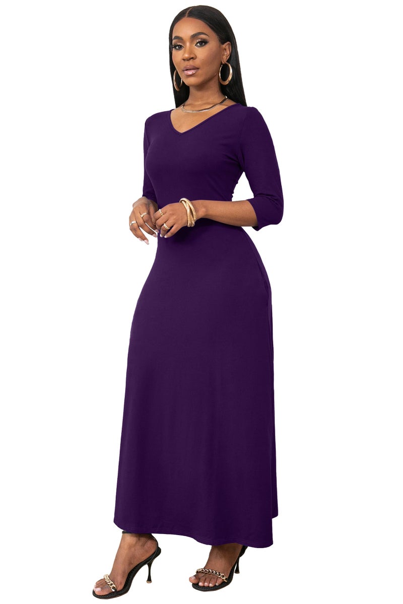 FANDEE Maxi Dress for Women Long Sleeve V Neck Casual Loose Long T Shirt Dresses with Pockets Purple, Large - Image 5