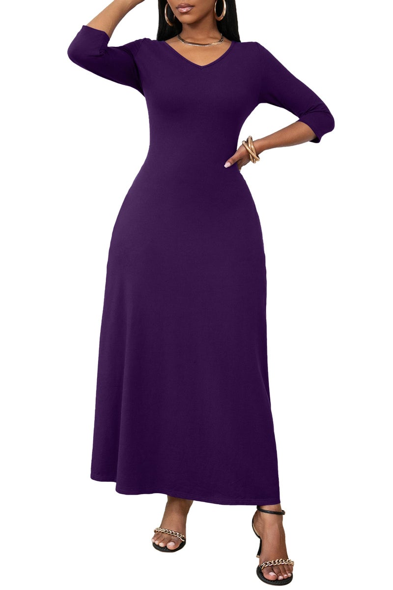 FANDEE Maxi Dress for Women Long Sleeve V Neck Casual Loose Long T Shirt Dresses with Pockets Purple, Large - Image 4