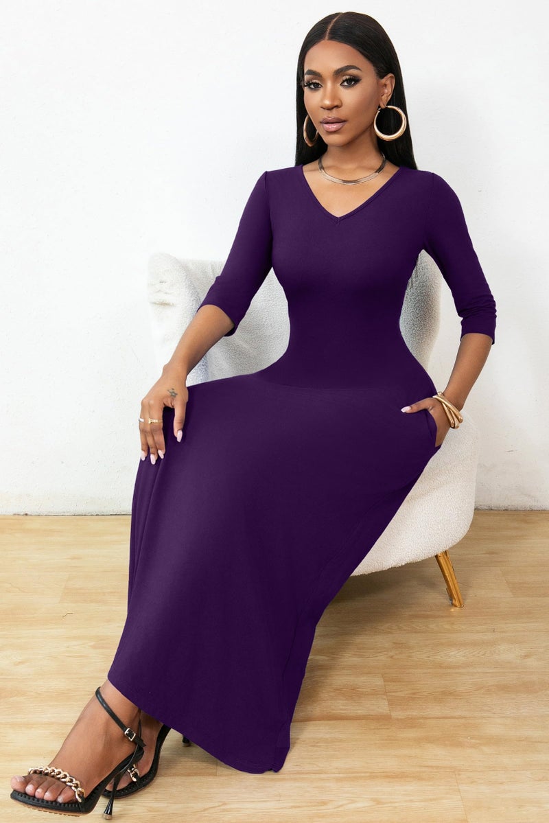 FANDEE Maxi Dress for Women Long Sleeve V Neck Casual Loose Long T Shirt Dresses with Pockets Purple, Large - Image 3