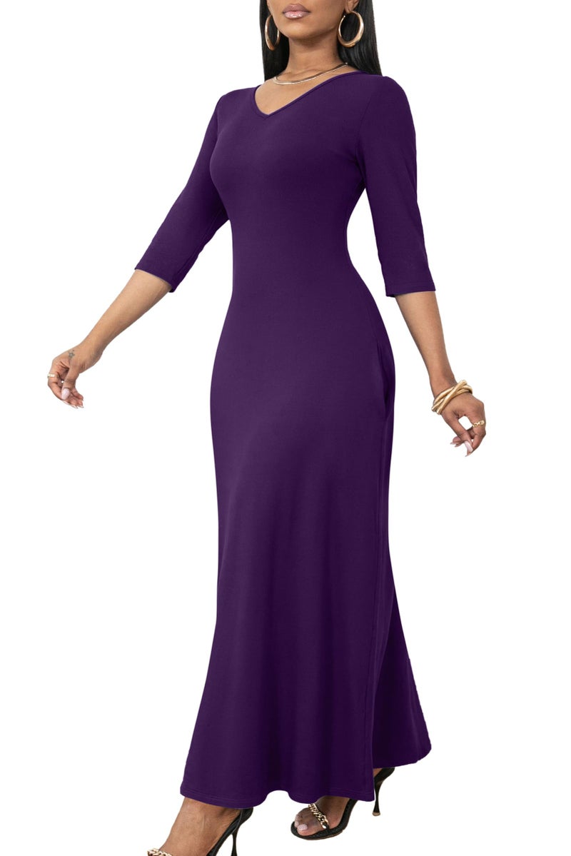 FANDEE Maxi Dress for Women Long Sleeve V Neck Casual Loose Long T Shirt Dresses with Pockets Purple, Large - Image 1