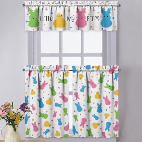 Xsinufn Easter Kitchen Curtains Valances 3 Piece Set,Spring Bunny Chick Hello My Peeps Rod Pocket Short Kitchen Tier Curtain Over Sink Window,Cute Farmhouse Cafe Curtains for Holiday Decor 36 Inch - Image 1