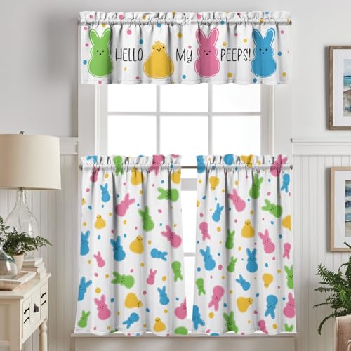 Xsinufn Easter Kitchen Curtains Valances 3 Piece Set,Spring Bunny Chick Hello My Peeps Rod Pocket Short Kitchen Tier Curtain Over Sink Window,Cute Farmhouse Cafe Curtains for Holiday Decor 36 Inch - Image 2