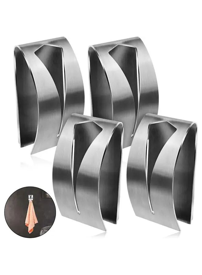 Silvery Stainless Steel Self Adhesive Towel Hooks For Kitchen Bathroom Wall Mounted 4 Packs - Image 1