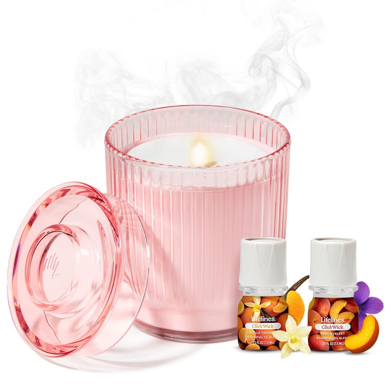 Lifelines Flameless Candle Aromatherapy Essential Oil Diffuser with 2 ClickWick Essential Oil Blends - Cordless & Waterless Diffuser for Home - Scented Electric Candles Blow Out Flame - Pink Jar - Image 1