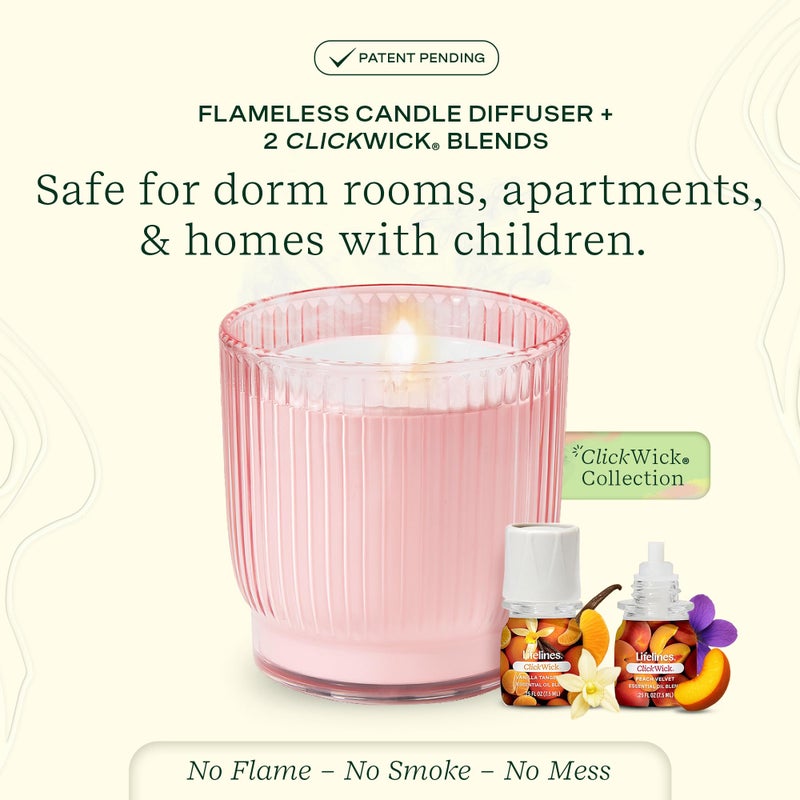 Lifelines Flameless Candle Aromatherapy Essential Oil Diffuser with 2 ClickWick Essential Oil Blends - Cordless & Waterless Diffuser for Home - Scented Electric Candles Blow Out Flame - Pink Jar - Image 2