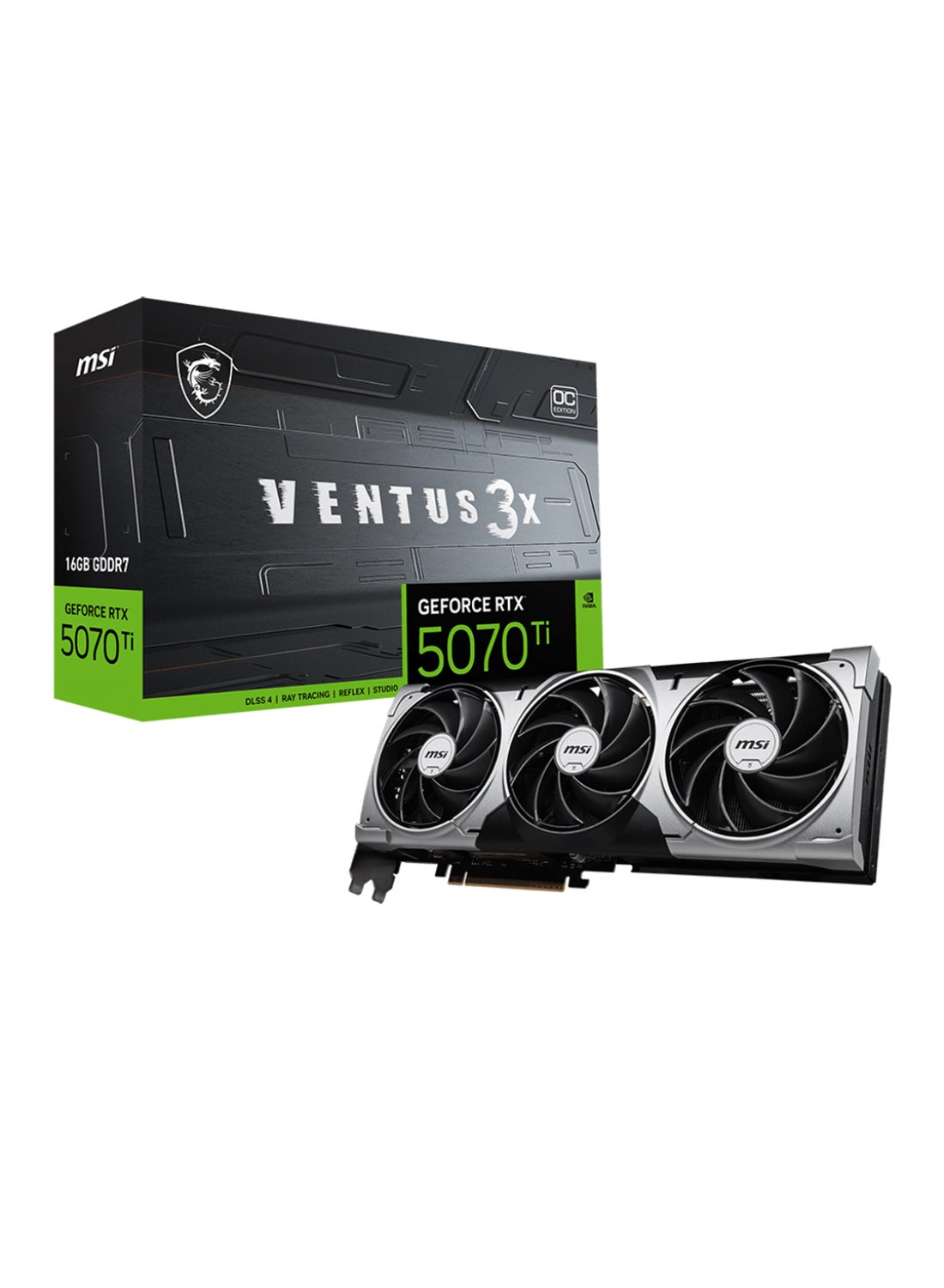GeForce RTX 5070 Ti 16G VENTUS 3X OC - NVIDIA GeForce RTX 5070 Ti, 8960 CUDA Cores, 16GB GDDR7, 28 Gbps Memory Speed, 256-bit Memory Bus, PCIe Gen 5, Core Clocks: 2497 MHz (Extreme Performance), 2482 MHz (Boost), 300W Power Consumption, 4 Display Outputs (3x DP 2.1b, 1x HDMI 2.1b), HDCP Support, DirectX 12 Ultimate, OpenGL 4.6, G-SYNC Technology Grey
