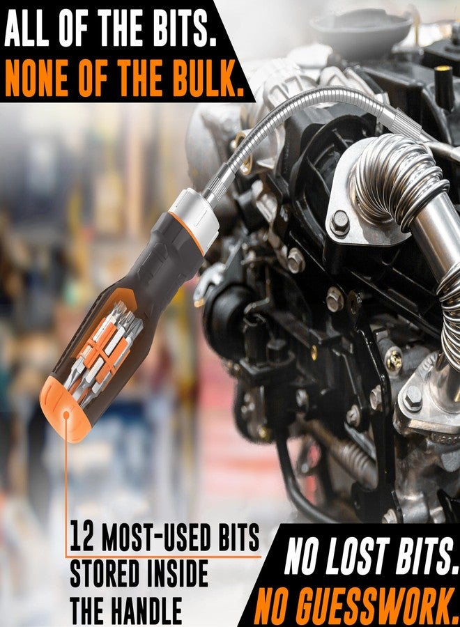 AMERICAN MUTT TOOLS مفك براغي مرن ١٢ في ١ من شركة Mutt Tools للمساحات الضيقة - مفك براغي مرن مع حامل للبت وملحق قابل للانحناء - Image 3