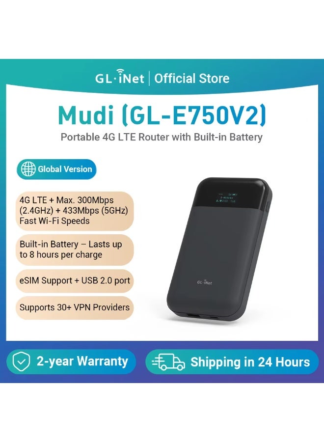 GL.iNet GL-E750V2 (MUDI V2) 4G LTE Portable Wi-Fi Hotspot for Travel | Mobile Hotspot Device, OpenWrt, OpenVPN, WireGuard, 7000mAh, Global Version - Image 1