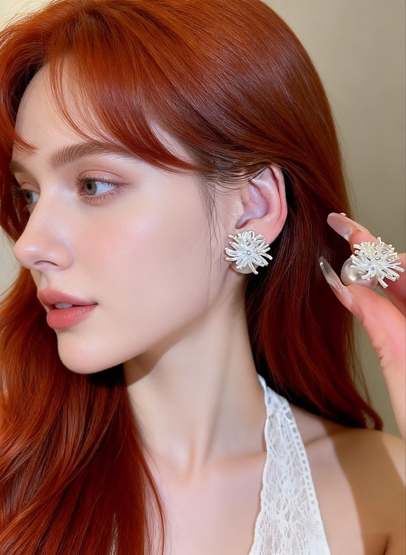 DAEVO 2-in-1 Detachable Pearl Earrings, Silver Plated Fireworks Studs for Women - Image 4