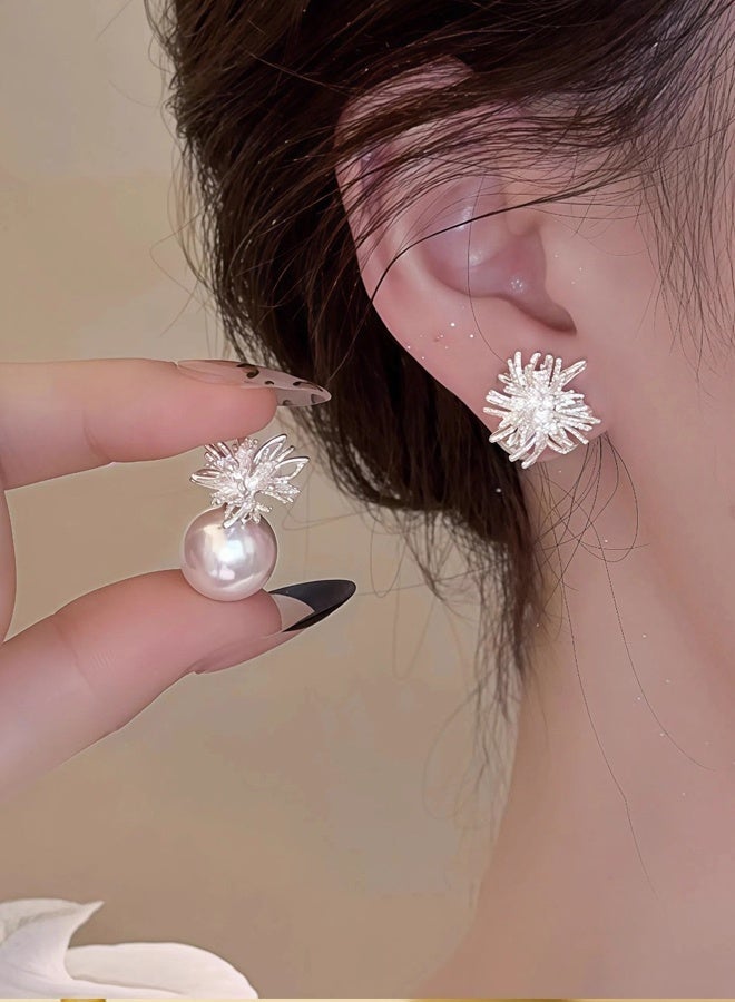 DAEVO 2-in-1 Detachable Pearl Earrings, Silver Plated Fireworks Studs for Women - Image 2