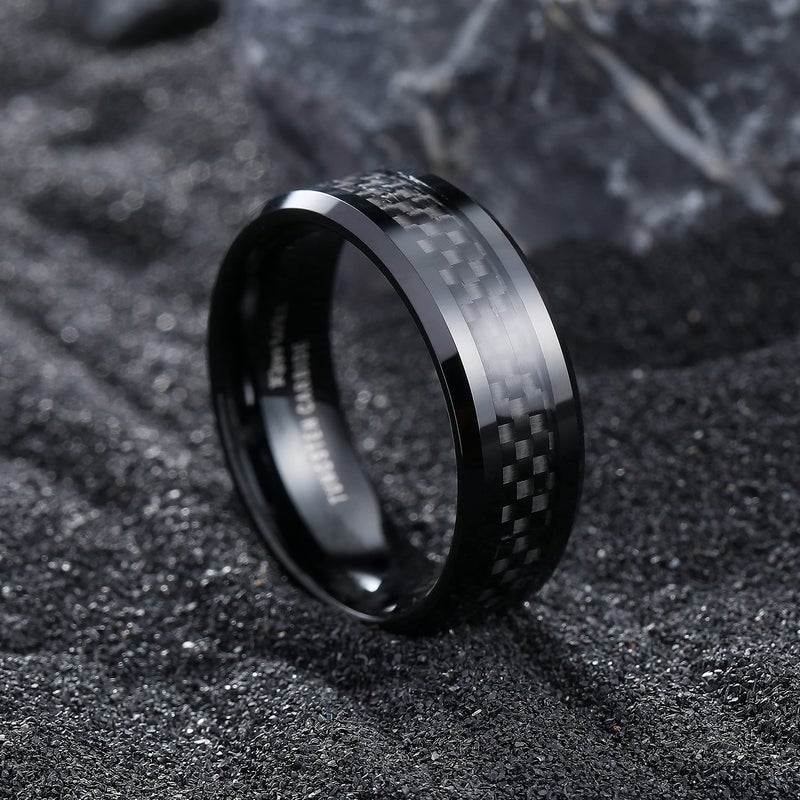 King Will 8mm Black Tungsten Carbide Rings for Men Men's Wedding Band with Grey Carbon Fiber Inlaid Beveled Edge High Polished Finish Gentleman Comfit Fit, Size 9 - Image 3