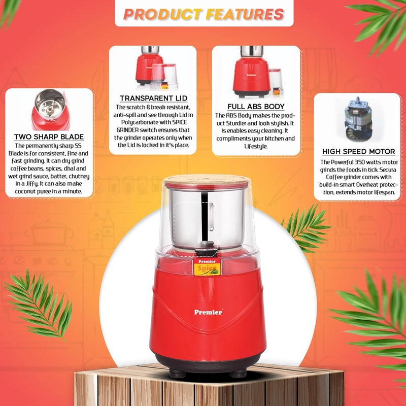 Premier Spice Grinder | 350W Wet & Dry Multifunction Food Grinder | Stainless Steel Herbs, Spices, Nuts, and Coffee Grinder for Home & Office with Detachable Jar - Image 3