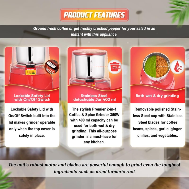 Premier Spice Grinder | 350W Wet & Dry Multifunction Food Grinder | Stainless Steel Herbs, Spices, Nuts, and Coffee Grinder for Home & Office with Detachable Jar - Image 5