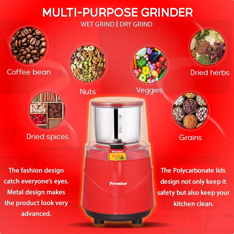Premier Spice Grinder | 350W Wet & Dry Multifunction Food Grinder | Stainless Steel Herbs, Spices, Nuts, and Coffee Grinder for Home & Office with Detachable Jar - Image 4