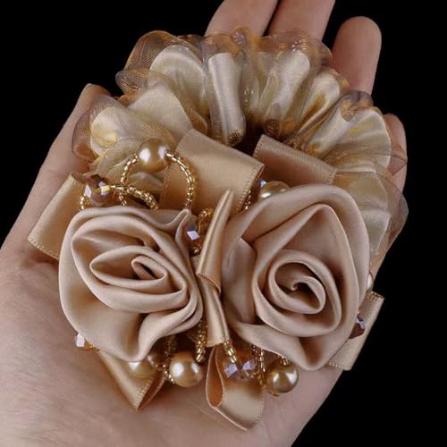 Melodio® Elegant Rose Organza Scrunchie for Women, Satin Flower Hair Tie with Pearl & Crystal Beads, Vintage Decorative Ponytail Holder, Luxury Beige Hair Accessory for Weddings & Parties - Image 2