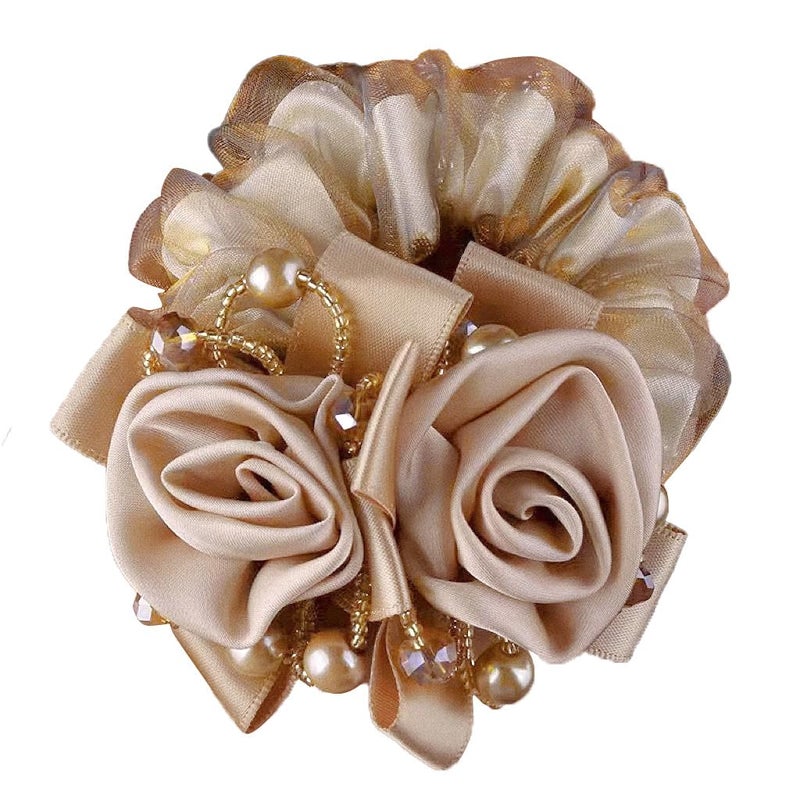 Melodio® Elegant Rose Organza Scrunchie for Women, Satin Flower Hair Tie with Pearl & Crystal Beads, Vintage Decorative Ponytail Holder, Luxury Beige Hair Accessory for Weddings & Parties - Image 5