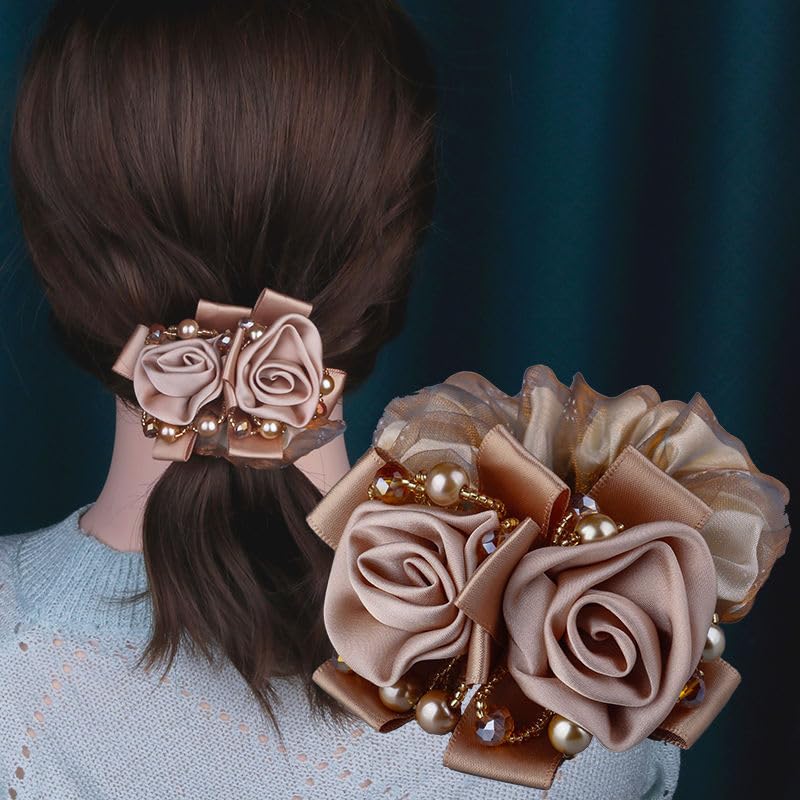 Melodio® Elegant Rose Organza Scrunchie for Women, Satin Flower Hair Tie with Pearl & Crystal Beads, Vintage Decorative Ponytail Holder, Luxury Beige Hair Accessory for Weddings & Parties - Image 3