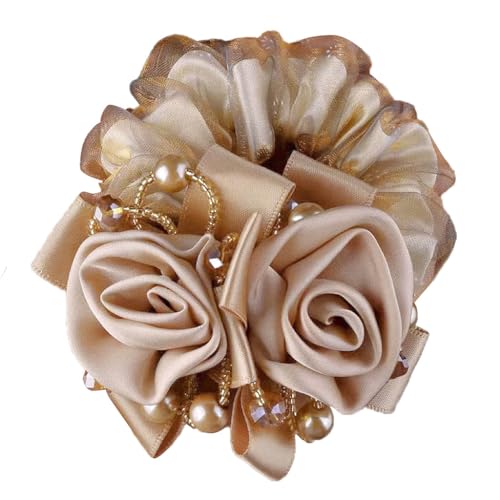 Melodio® Elegant Rose Organza Scrunchie for Women, Satin Flower Hair Tie with Pearl & Crystal Beads, Vintage Decorative Ponytail Holder, Luxury Beige Hair Accessory for Weddings & Parties - Image 1