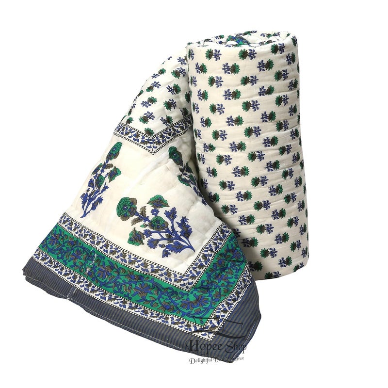 LOARSHY Pure Cotton Floral Printed Quilt Lightweight and Warm Jaipuri Rajasthani Single Bed Razai Soft BlanketRazai for Winters Gery Set of 2 - Image 2