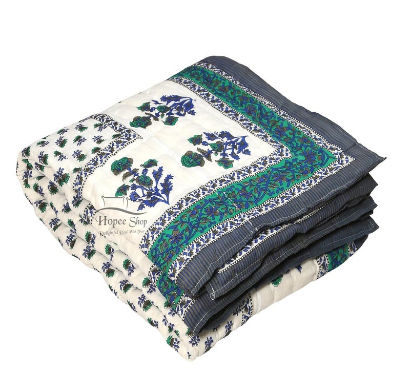 LOARSHY Pure Cotton Floral Printed Quilt Lightweight and Warm Jaipuri Rajasthani Single Bed Razai Soft BlanketRazai for Winters Gery Set of 2 - Image 3