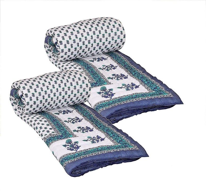 LOARSHY Pure Cotton Floral Printed Quilt Lightweight and Warm Jaipuri Rajasthani Single Bed Razai Soft BlanketRazai for Winters Gery Set of 2 - Image 1
