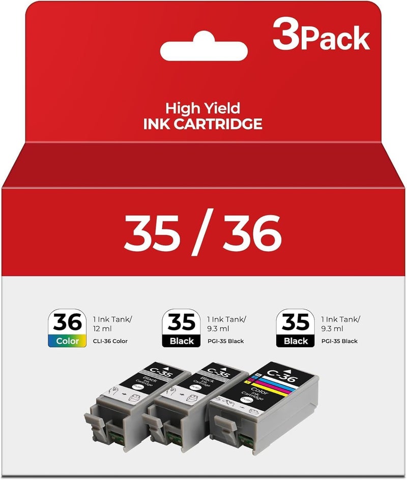 بريتمور حزمة خراطيش الحبر الأسود PGI-35 والملون CLI-36 متوافقة مع Canon 35 36 PGI 35 CLI 36 Pixma TR150 IP110 IP100 TR 150 IP 110 IP 100 Mini 260 320 طابعة محمولة (2 أسود + 1 ملون) - Image 1