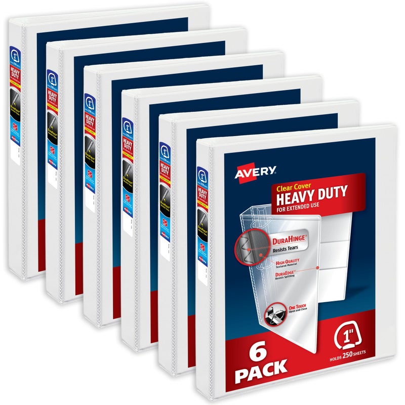 Avery HeavyDuty View 3 Ring Binders 1 Inch One Touch Slant Rings 250Sheet Capacity DuraHinge 14 Inch Wide Spine Customizable Clear Cover and Spine White Binders 6Pack of 79799 - Image 2