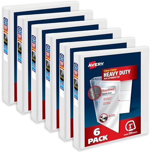 Avery HeavyDuty View 3 Ring Binders 1 Inch One Touch Slant Rings 250Sheet Capacity DuraHinge 14 Inch Wide Spine Customizable Clear Cover and Spine White Binders 6Pack of 79799 - Image 1