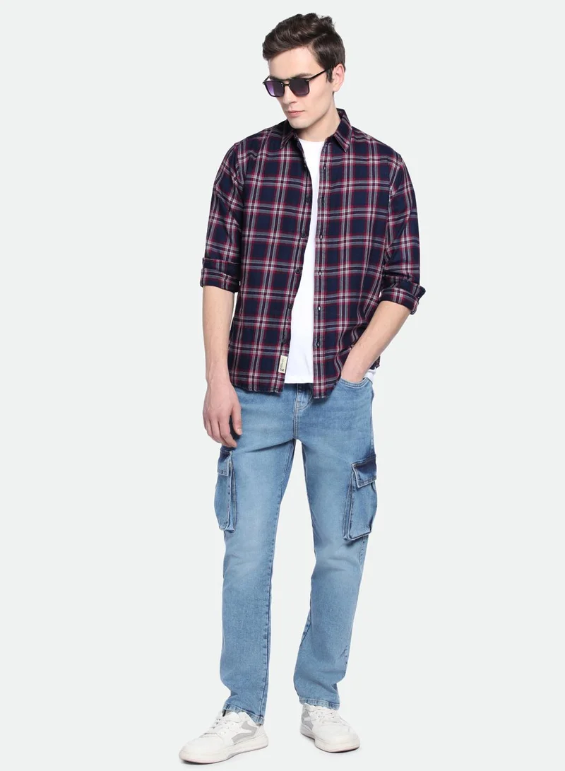 Dennis Lingo Red Slim Fit Checks Shirt for Men - Cotton, Full Sleeves, Spread Collar, Casual