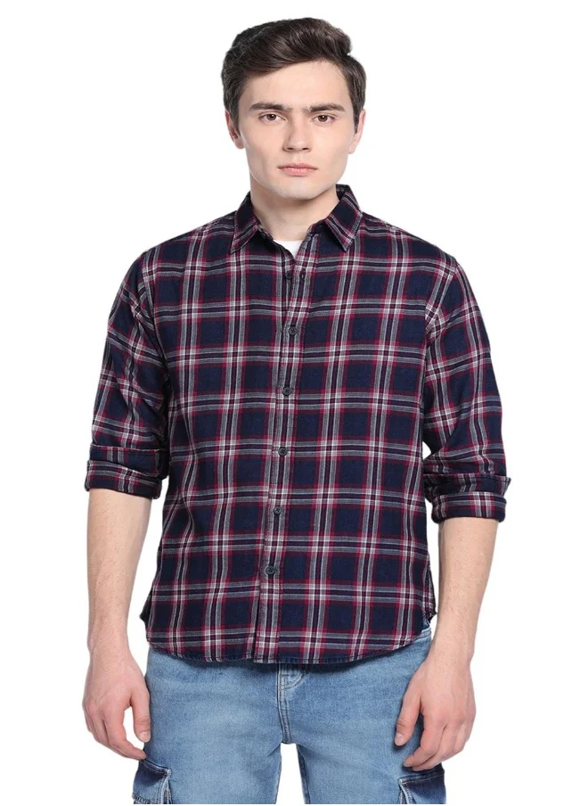 Dennis Lingo Red Slim Fit Checks Shirt for Men - Cotton, Full Sleeves, Spread Collar, Casual