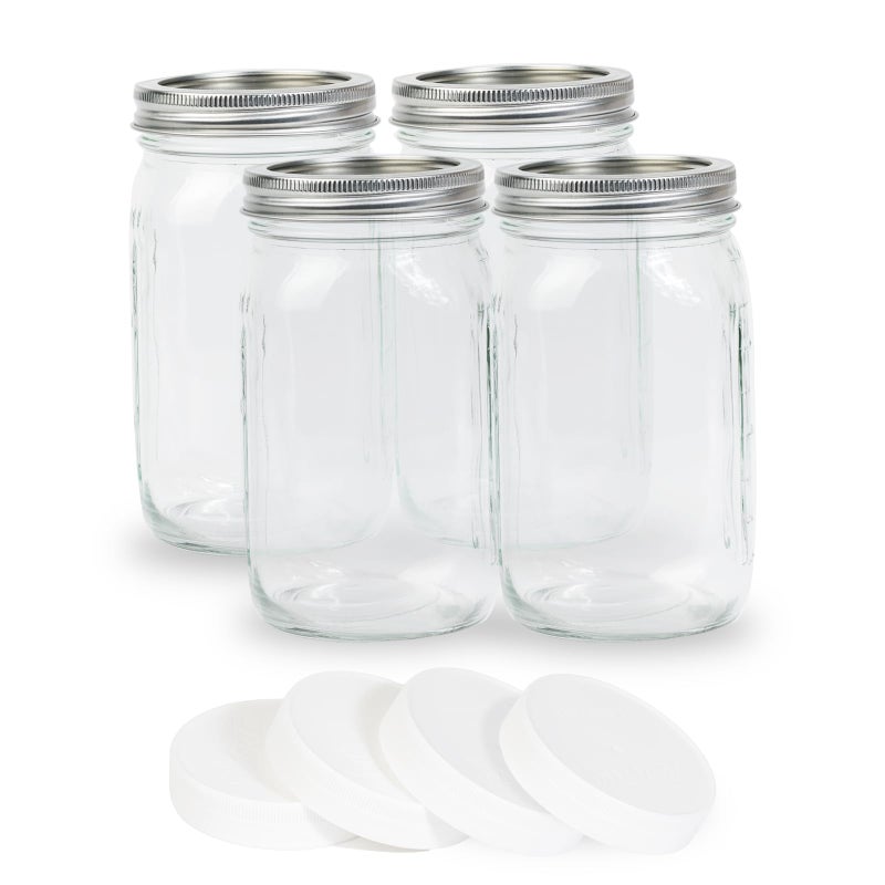 Yodecy 4 Pcs 32 oz Clear Wide Mouth Mason Jars with Airtight Lids and White Plastic Lids, Canning Jars for Overnight Oats, Food Storage and More - Image 1