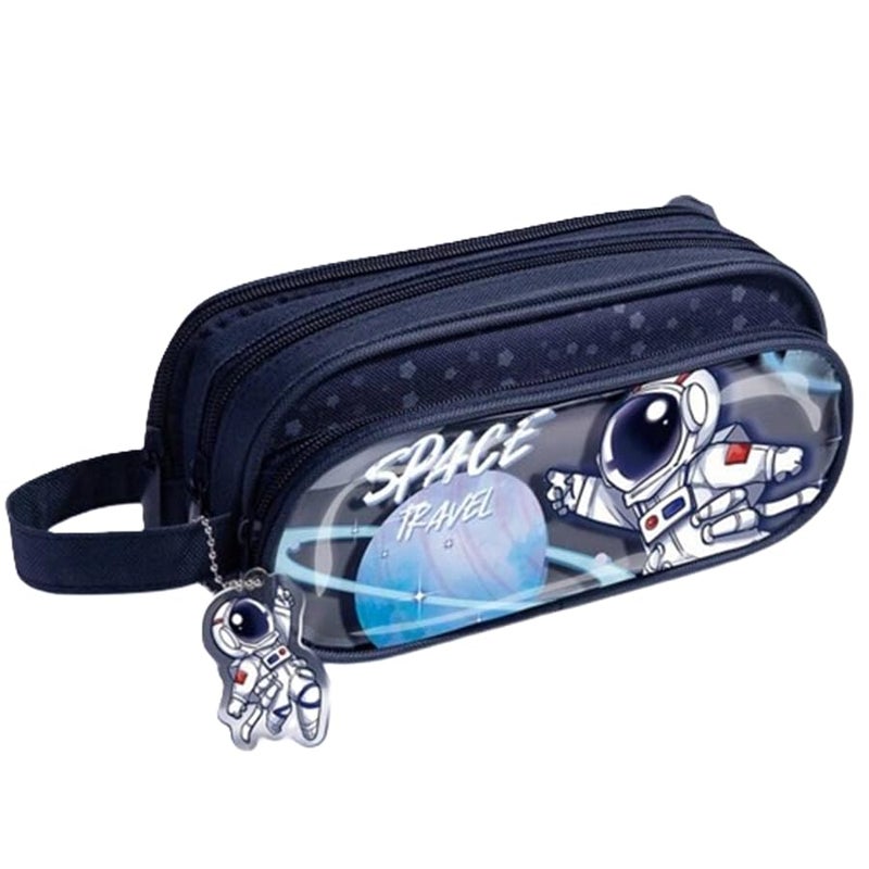 Parshya Canvas Large Capacity Transparent Cartoon Print Pencil Case 3 Compartment Cute Aesthetic for Girls Multifunctional Stationery Organizer for School Office(Keychain Not Included), Multicolor - Image 1