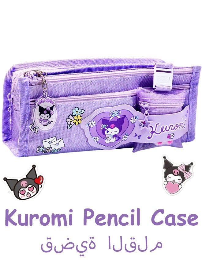 سانريو حقيبة أقلام كبيرة الحجم من سانريو كورومي، تحتوي على 5 جيوب، وحقيبة أقلام مع سحاب، ومنظم تخزين أدوات مكتبية كاواي مع فتحات للأقلام، وحقيبة أقلام تحديد للمدارس المتوسطة والمكتب والجامعة (أرجواني) - Image 1