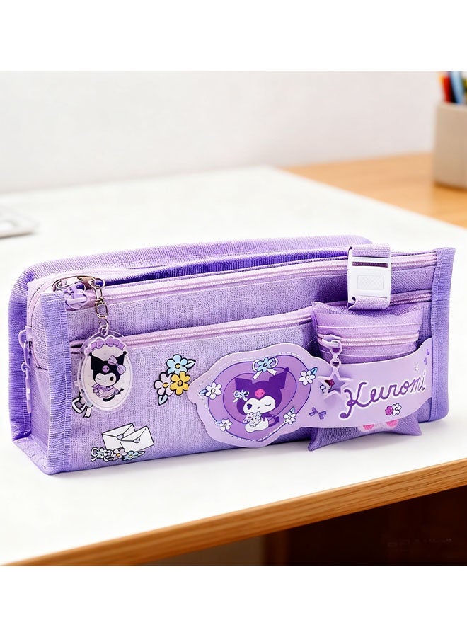 سانريو حقيبة أقلام كبيرة الحجم من سانريو كورومي، تحتوي على 5 جيوب، وحقيبة أقلام مع سحاب، ومنظم تخزين أدوات مكتبية كاواي مع فتحات للأقلام، وحقيبة أقلام تحديد للمدارس المتوسطة والمكتب والجامعة (أرجواني) - Image 5