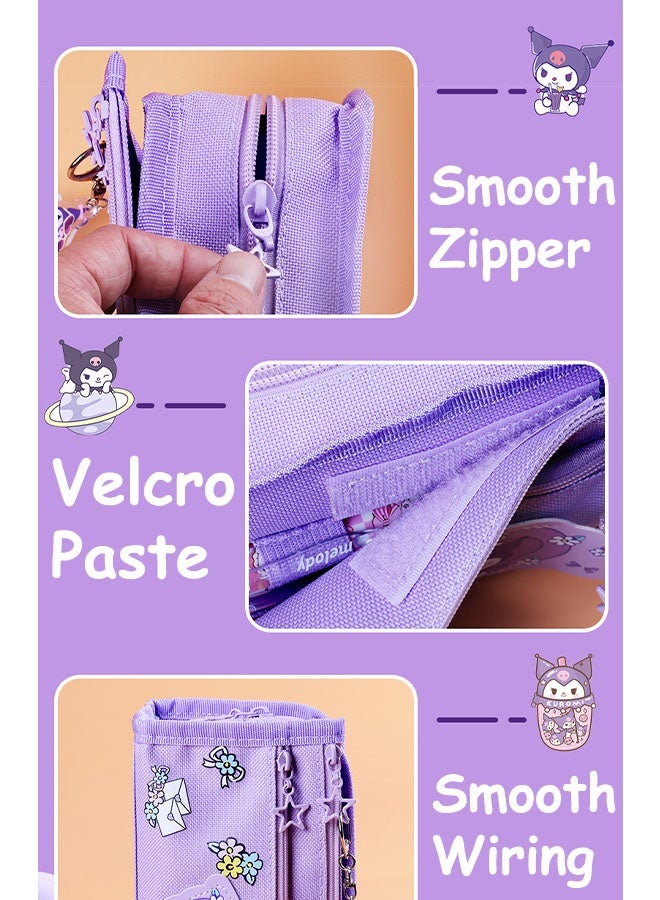 سانريو حقيبة أقلام كبيرة الحجم من سانريو كورومي، تحتوي على 5 جيوب، وحقيبة أقلام مع سحاب، ومنظم تخزين أدوات مكتبية كاواي مع فتحات للأقلام، وحقيبة أقلام تحديد للمدارس المتوسطة والمكتب والجامعة (أرجواني) - Image 3