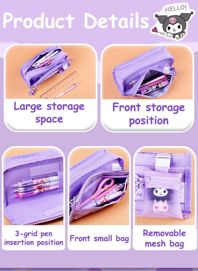 سانريو حقيبة أقلام كبيرة الحجم من سانريو كورومي، تحتوي على 5 جيوب، وحقيبة أقلام مع سحاب، ومنظم تخزين أدوات مكتبية كاواي مع فتحات للأقلام، وحقيبة أقلام تحديد للمدارس المتوسطة والمكتب والجامعة (أرجواني) - Image 2