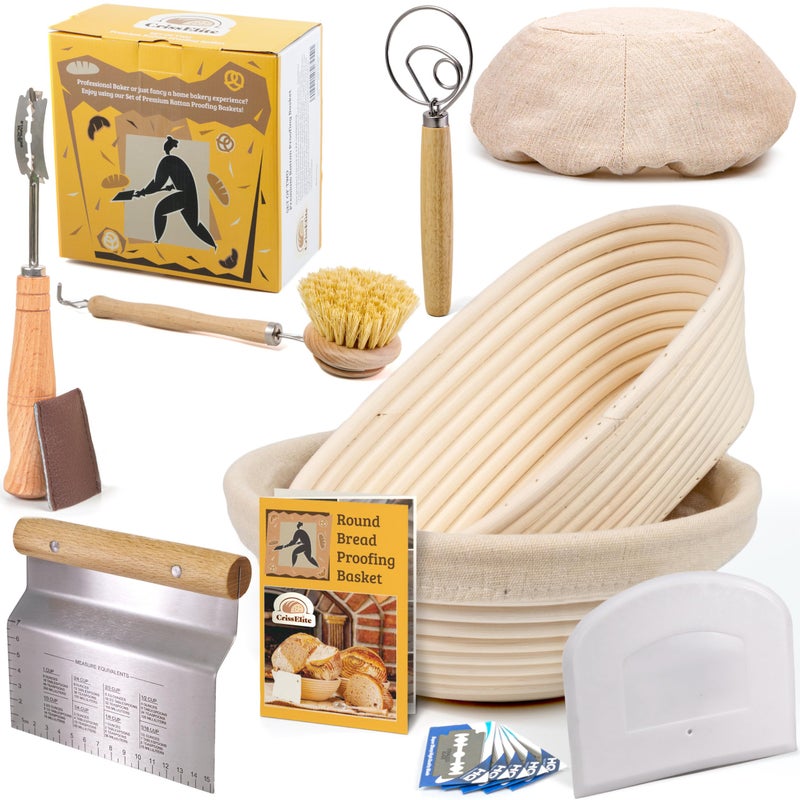 CRISS ELITE CRISS ELITE Sourdough Bread Baking Supplies Starter Kit Banneton Proofing Basket Set Round 9  Oval 10 Gift Set 