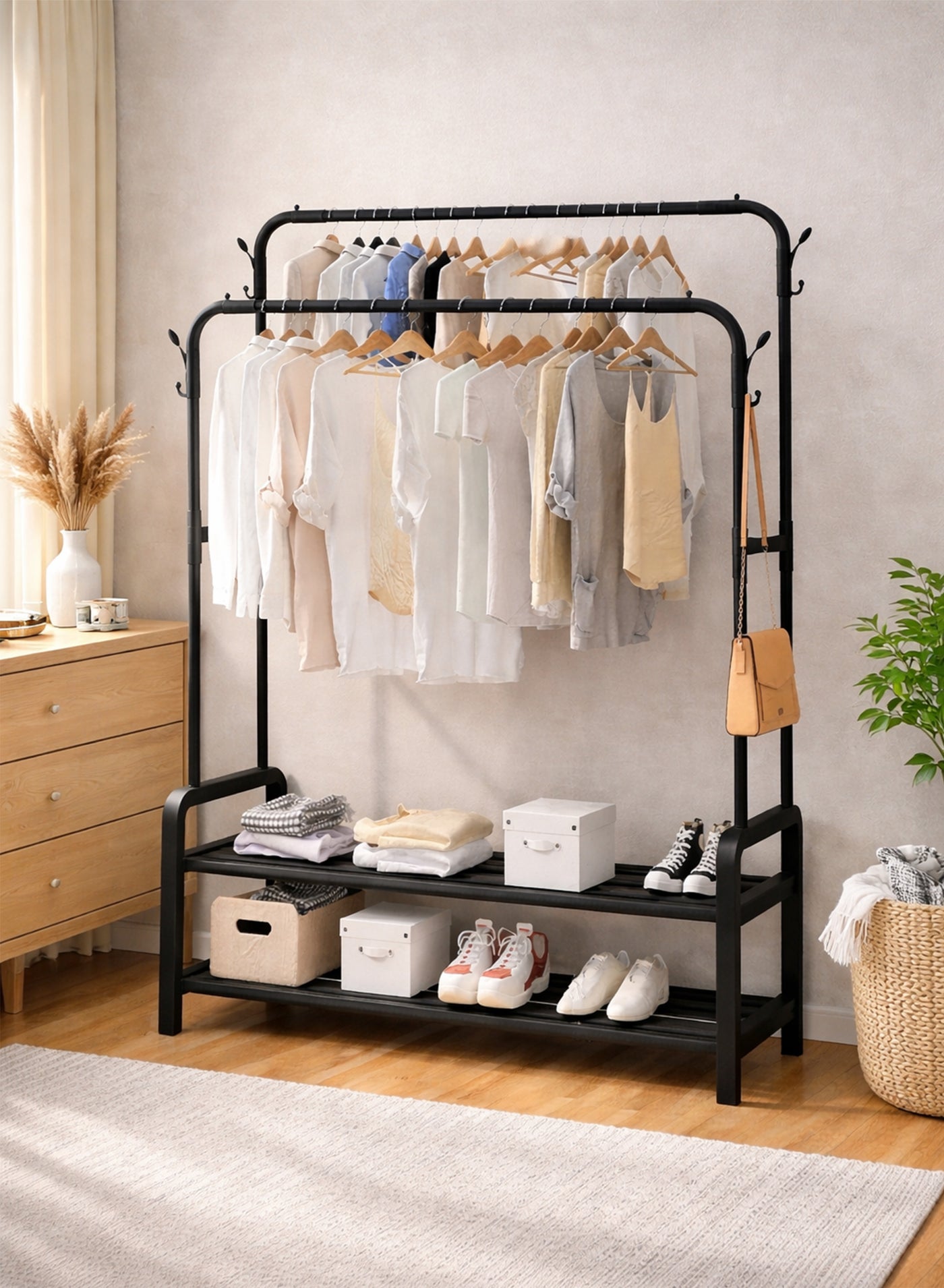 Double Rod Clothing Rack Heavy Duty Dual Layer Clothes Drying Stand Garment Organizer Open Armoire with Two Hanger Rails, Side Hooks and Bottom Storage Shelf, Strong Steel Pipes, 48kg Load Large Capacity Featuring Two Horizontal Bars for Hanging Clothes, Laundry Room, Balcony, Bedroom Sheets, Quilts, Blanket, Coats, Skirts, Shirts, Hats, Sweaters Holder 162cm