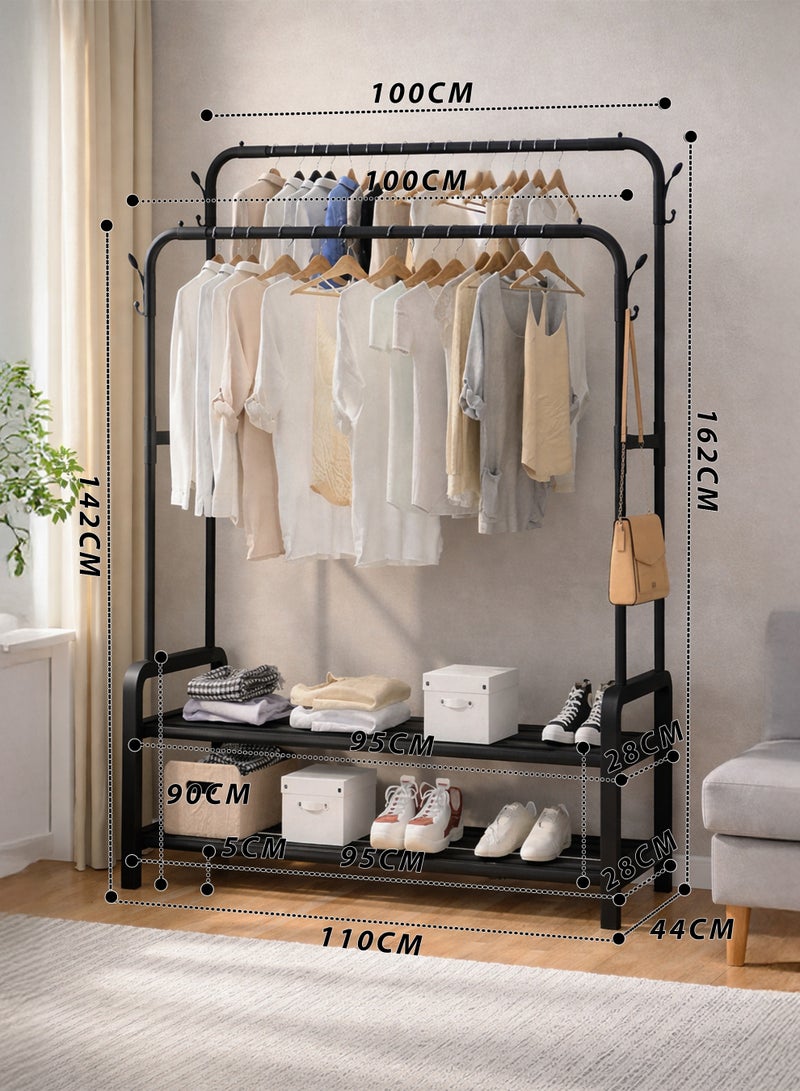 Toshionics Double Rod Clothing Rack Heavy Duty Dual Layer Clothes Drying Stand Garment Organizer Open Armoire with Two Hanger Rails, Side Hooks and Bottom Storage Shelf, Strong Steel Pipes, 48kg Load Large Capacity Featuring Two Horizontal Bars for Hanging Clothes, Laundry Room, Balcony, Bedroom Sheets, Quilts, Blanket, Coats, Skirts, Shirts, Hats, Sweaters Holder 162cm - Image 2