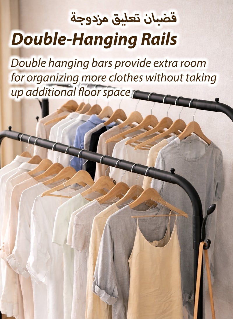 Toshionics Double Rod Clothing Rack Heavy Duty Dual Layer Clothes Drying Stand Garment Organizer Open Armoire with Two Hanger Rails, Side Hooks and Bottom Storage Shelf, Strong Steel Pipes, 48kg Load Large Capacity Featuring Two Horizontal Bars for Hanging Clothes, Laundry Room, Balcony, Bedroom Sheets, Quilts, Blanket, Coats, Skirts, Shirts, Hats, Sweaters Holder 162cm - Image 5