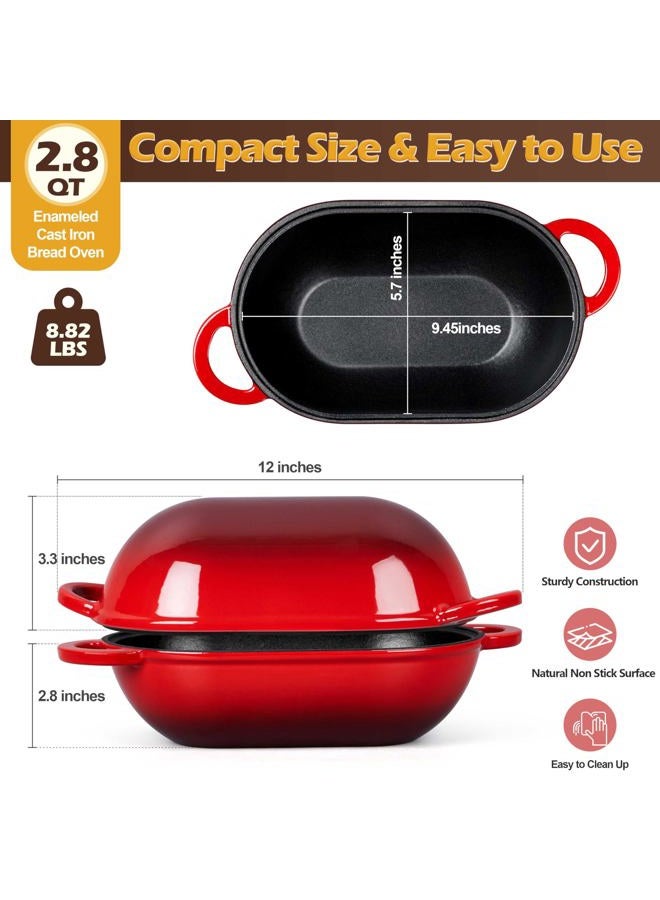 Homikit وعاء خبز هولندي من الحديد الزهر المينا، 2.8 QT وعاء خبز بيضاوي مع غطاء، وعاء حديدي للخبز الأحمر لخبز الخبز الحامض والطهي - Image 2