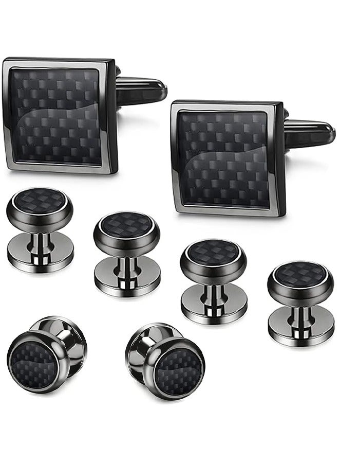 GUSGU 8pcs Mens Carbon Fiber Cufflinks and Shirt Studs Set Tuxedo Shirt Cuff Links for Wedding Groom Business Birthday Anniversary Father's Day Gifts Black - Image 1