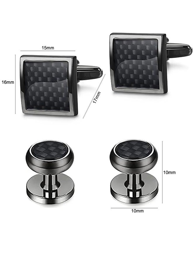 GUSGU 8pcs Mens Carbon Fiber Cufflinks and Shirt Studs Set Tuxedo Shirt Cuff Links for Wedding Groom Business Birthday Anniversary Father's Day Gifts Black - Image 2