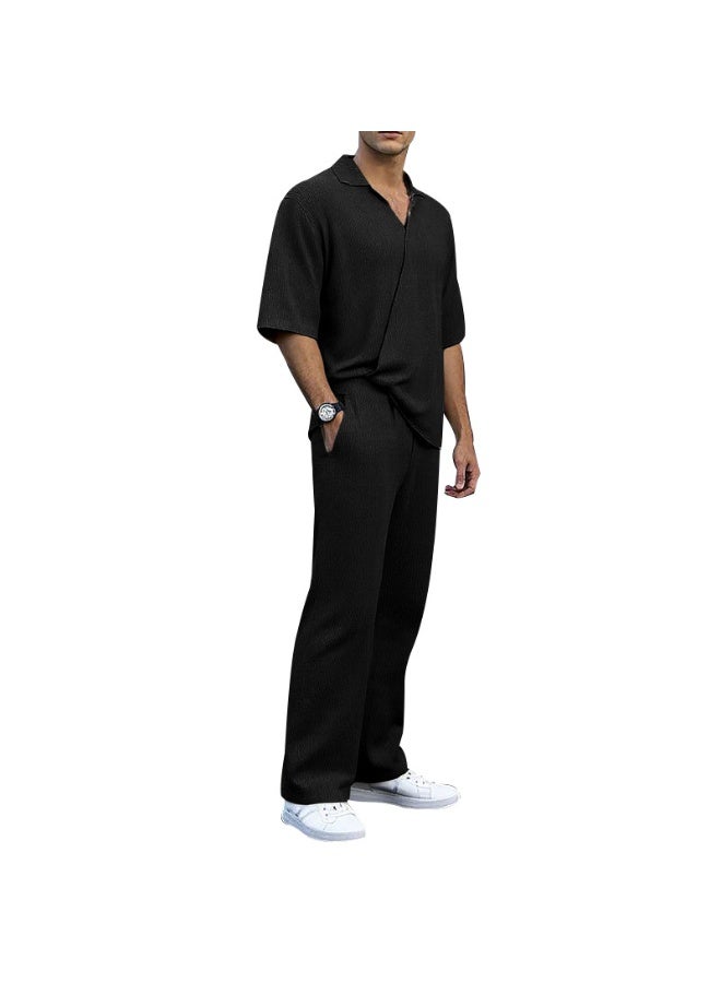 Men's Summer Sportswear Set Casual Pure Color Short Sleeve Long Pants Two-Piece Suit Lightweight Comfortable - Image 1