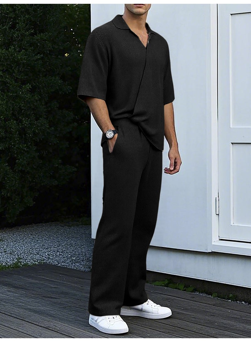 Men's Summer Sportswear Set Casual Pure Color Short Sleeve Long Pants Two-Piece Suit Lightweight Comfortable - Image 2