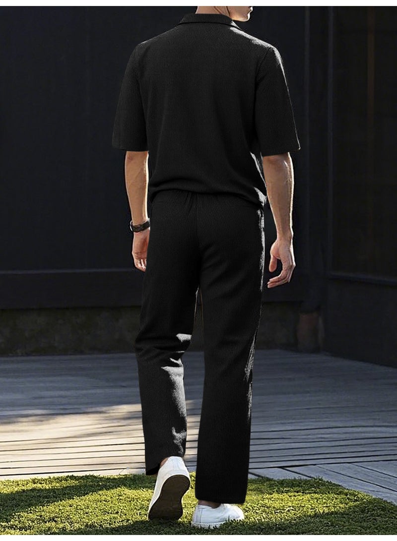 Men's Summer Sportswear Set Casual Pure Color Short Sleeve Long Pants Two-Piece Suit Lightweight Comfortable - Image 3